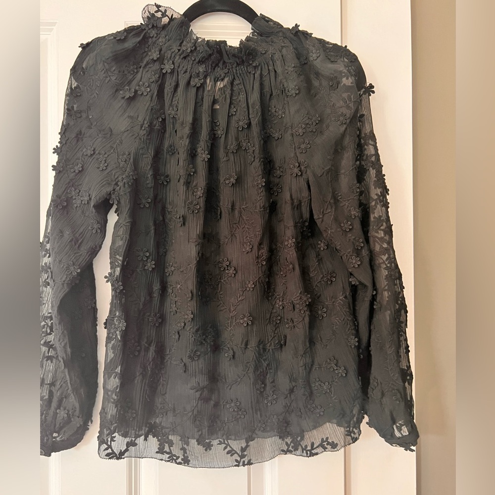 Rebecca Taylor, Ellie black embroidered sheer flower vine blouse